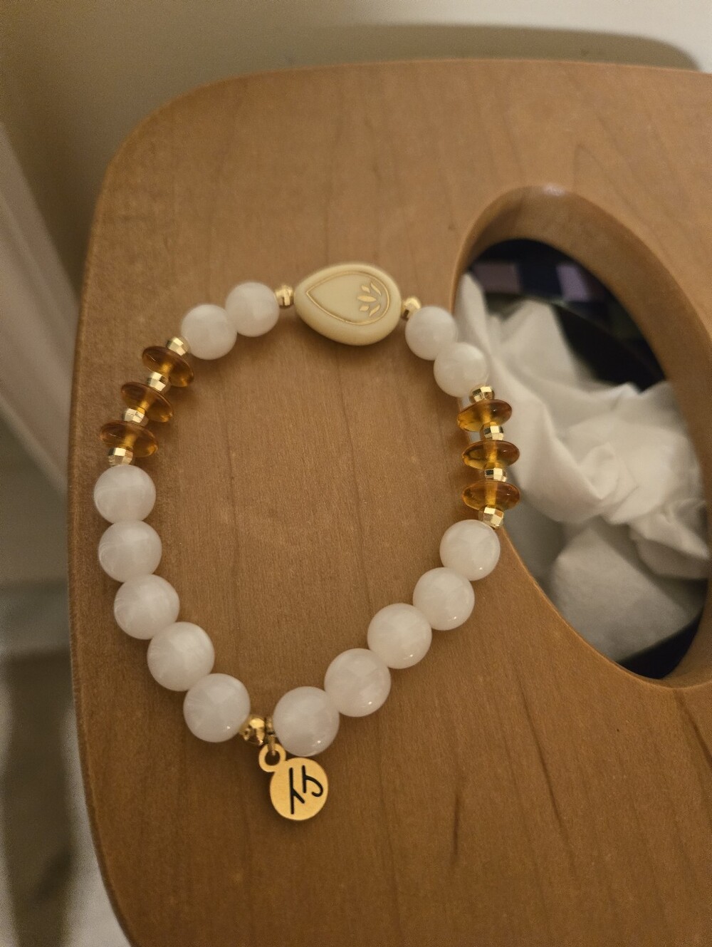 Tjazelle Limited Edition Gold & White Beaded Stretch Bracelet with Amber Accents